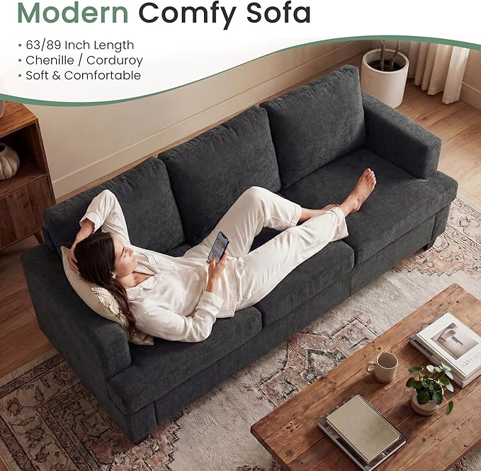 YOUDENOVA 2 Piece Set Comfy Sofa Couch, 3 Seater & Loveseat Sofa with Deep Seats, Modern Sleeper Couch for Living Room, Dark Grey Chenille