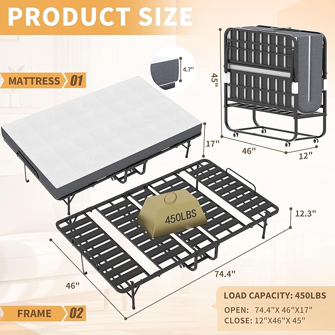 AQY Folding Bed with Mattress for Adults,75" x 46" Portable Rollaway Bed Guest on Wheels with Memory Mattress and Heavy Duty Sturdy Metal Frame,Foldable Bed for Adults,Guest, Twin Size,Cot Size