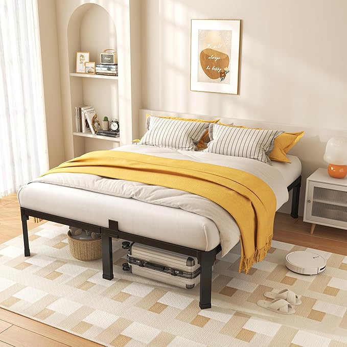 ROIL 18 Inch Full Size Bed Frame with Mattress Slide Stopper - Double Black Basic Anti Squeak Steel Slats Metal Platform, Heavy Duty Noise Free Easy Assembly Bedframes, No Box Spring Needed