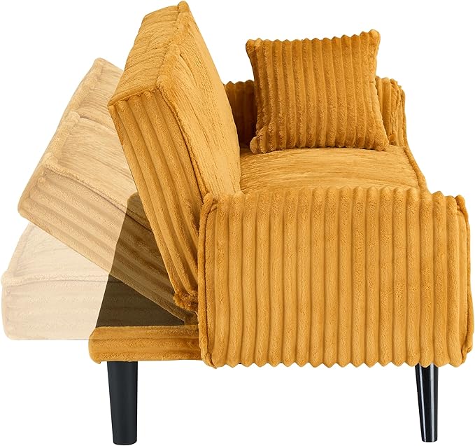 72" Convertible Sofa Bed with Foldable Cup Holder,Straight-line Corduroy Sofa,Suitable for Living Room,Bedroom,Orange