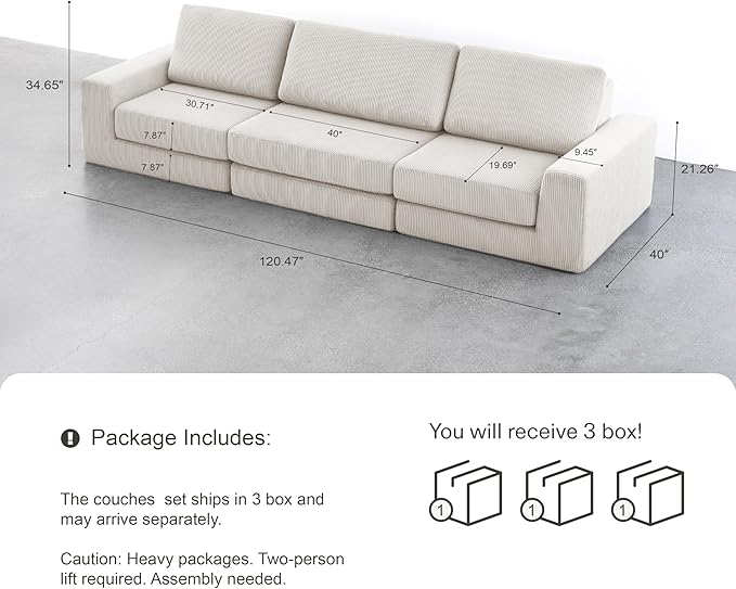 Modular Sectional Sofa, 120.47" Modern Cloud Couch Sectional Sofa with L-Shaped Chaise Comfy Corduroy Fluffy Couch with Deep Seat Boneless Couches for Living Room Bedroom, White