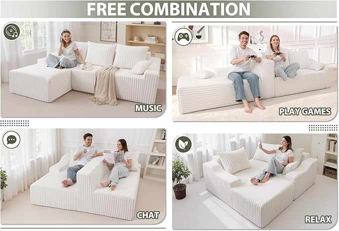 HABUTWAY 94'' Cloud Sectional Couch, Boneless Sofa with Deep Seat, Modular Comfy L-Shape Couch with Chaise for Living Room Bedroom, No Assembly Required(Beige,Left Facing Chaise)