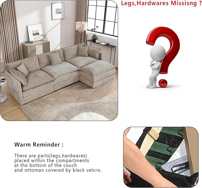 Setawix Deep 3 Seater Couch with Ottoman,112.2" L-Shaped Cloud Couches for Living Room,Chenille Cloud Sofa Couch with Deep Seat,Modular Sectional L Shape 3 Seat Sofa for Bedroom (Coffee, 3+1)