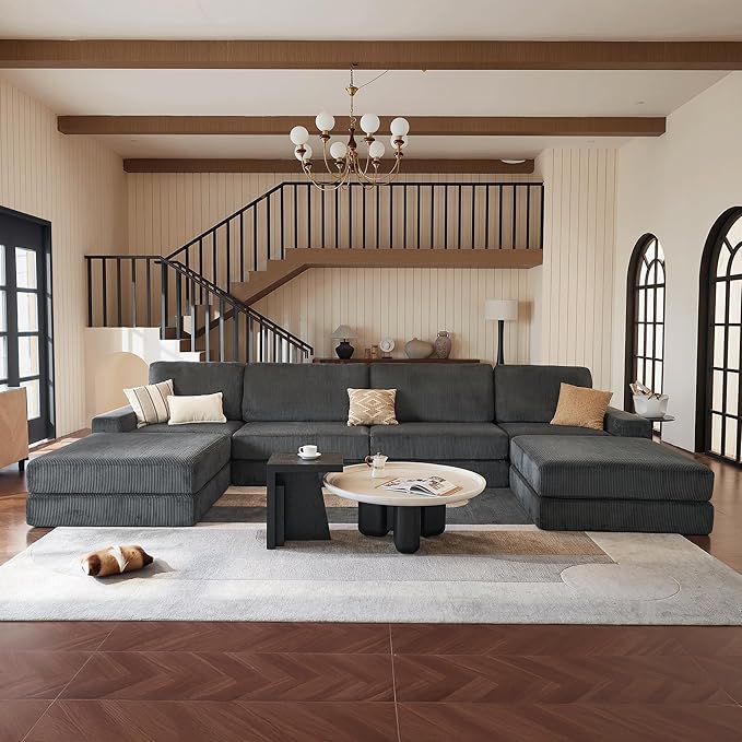 Modular Sectional Boneless Sofa, 160.63" Oversized Modern Cloud Couch Sectional Sofa with U-Shaped Chaise Comfy Corduroy Fluffy Couch with Deep Seat Couches for Living Room Bedroom,Gray