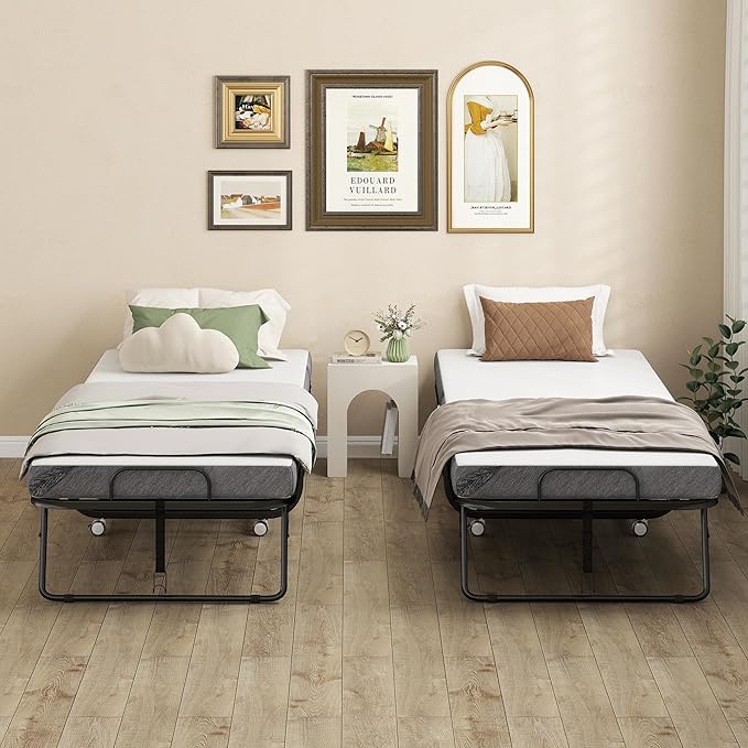 HOMCOM Folding Bed with Mattress for Adults, Long Twin Size, Portable Foldable Bed with 4" Foam Mattress & Space-Saving Steel Frame, 79" x 35", Fold Up, Roll Away & Hideaway, White