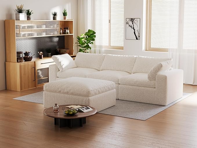 109’’ Cloud Couch for Living Room, Boneless Modular Sectional Sofa L-Shape with Ottoman Washable Cushion Cover, No Assembly Required, White (3-Seat + 1 Ottoman)