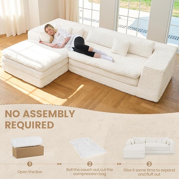 Belffin Plush Corduroy L Shaped Couch with Deep Seat Boneless Modular Sectional Cloud Boneless Couches for Living Room. Left Facing Chaise. Beige Sofa