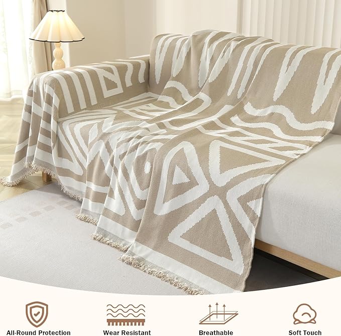 OstepDecor Boho Sectional Couch Covers 2 Pieces, L Shaped Sofa Cover, Chenille Couch Cover for Dogs Washable, Couch Cover Blanket, Sofa Slipcover for 2-3 Cushion Couch (71"x102"+71"x118", Khaki)