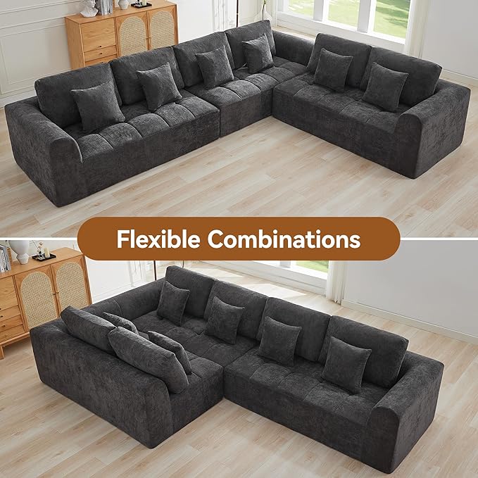 140''Modular Sectional Couches for Living Room, Cloud Boneless Compressed Sectional Sofa, Oversized L Shaped 6 Seater Upholstered Memory Foam Sofa, No Assembly, Chenille Grey