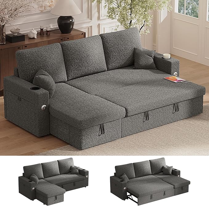 Sleeper Sofa Bed, 4-in-1 Pull Out Couch with Reversible Chaise | Dual USB & Type-C Charging | Dual Cup Holders | Layered Storage (Armrest + Chaise) for Living Room, Apartment, Home Office (Dark Gray)