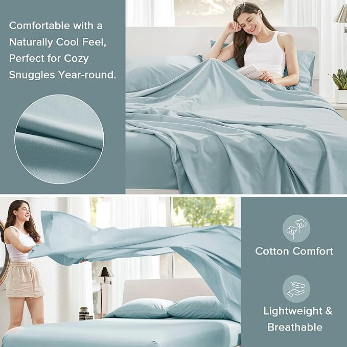 Comfort Spaces 100% Cotton Sheets Cal King, Breathable & Soft Cotton Sheets, Naturally Cool Cotton Bed Sheets with 14" Elastic Pocket Fits up to 16" Mattress, All Season Sheet Set, Light Blue 4 Piece