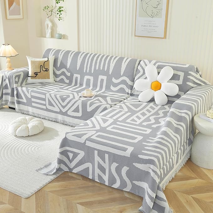 OstepDecor Boho Sectional Couch Covers 2 Pieces, L Shaped Sofa Cover, Chenille Couch Cover for Dogs Washable, Couch Cover Blanket, Sofa Slipcover for 2-3 Cushion Couch (71"x110"+71"x118", Gray)