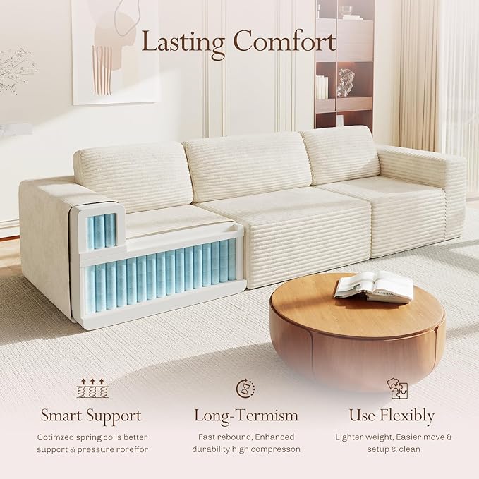 Vesgantti 119" Modular Sectional Sofa, Corduroy Cloud Couch with Deep Seating & Spring Support, 3 Seater Flexible Layout Sofa, Boneless Couch for Living Room & Apartment, No Assembly Required, Beige