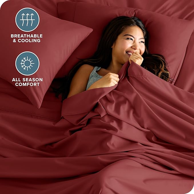 Bare Home Split Head Flex King Sheet Set - 1800 Ultra-Soft Microfiber Bed Sheets - Double Brushed - Deep Pockets - Easy Fit - 4 Piece Set - Bedding Sheets & Pillowcases (Rosewood)