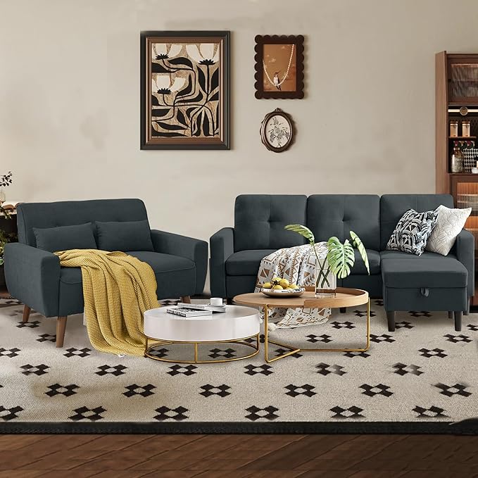 Convertible Sectional Sofa Set, Small L Shaped 3-Seat Couch with Reversible Chaise and Loveseat Sofa, Modern Polyester Sofas Couches for Living Room, Dark Grey | L Shaped 3-Seat, Reversible Chaise, Loveseat Sofa, Modern Polyester, For Living Room