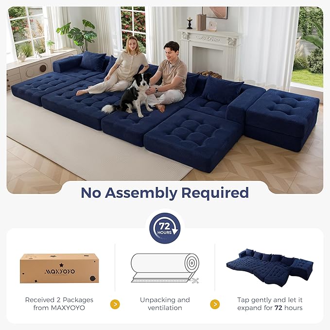 MAXYOYO Modular Sectional Sofa Couch, Foldable U Shaped Cloud Couch with Pillows, Tufted 6-Seat Boneless Sleeper Lounger Floor Sofa Bed for Living Room, No Assembly Required, Navy