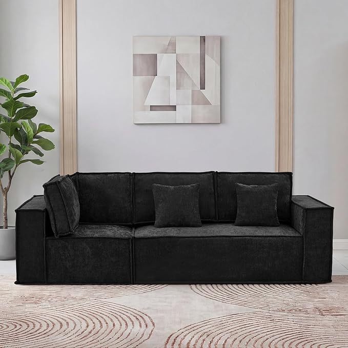 108'' Comfy Chenille Boneless Couch, Oversized Modular Sectional 3 Seater Sofa, Modern Deep Seat Corner Cloud Compressed Couch, No Assembly Sleeper Sofa with Chaise for Living Room, Black