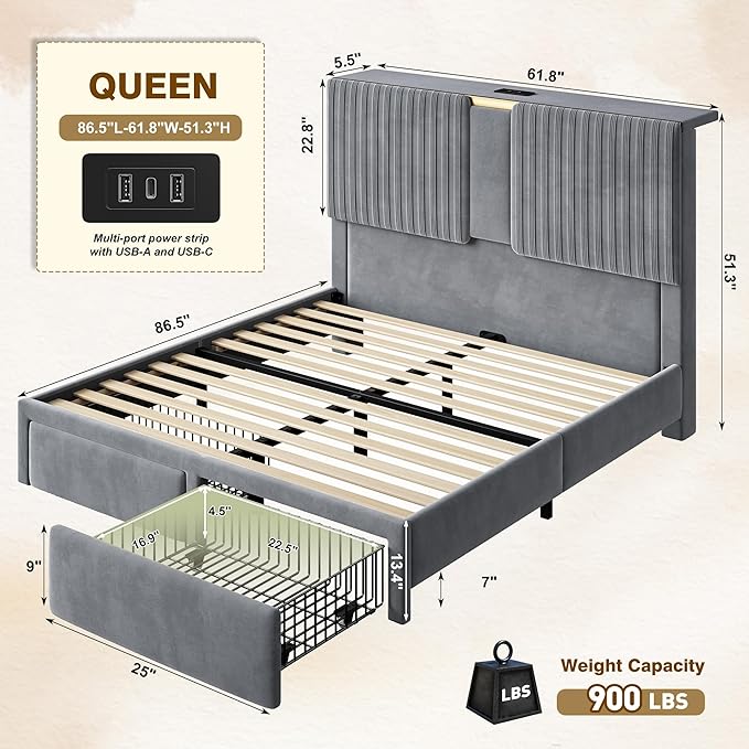 Homkdom Queen Bed Frame with Velvet Storage Headboard, 2 Large Drawers & 3 Charging Ports, 51.3" Tall Platform Bed Frame Queen Size, Sturdy Wood Slats, No Box Spring Needed, Grey