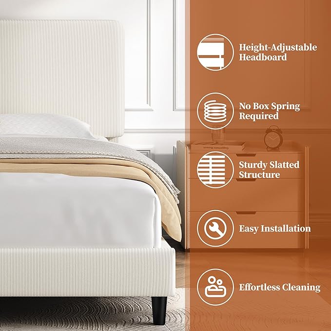 Yaheetech Twin Bed Frames with Adjustable Headboard, Chenille Fabric Upholstered Headboard/Platform Bed, Twin Size Bed Frame No Box Spring Needed/Mattress Foundation/Wood Slats Support/Easy Assembly