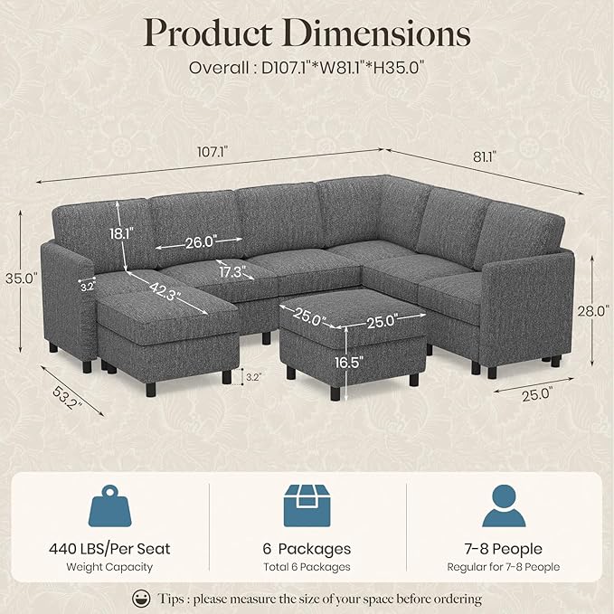 Belffin 107.1" 8 Seats U Shaped Couch Modular Sectional Sofa Seat Couch with Storage Comfy Washable Sectional Couches for Living Room Sofas Set with Chaise,Grey