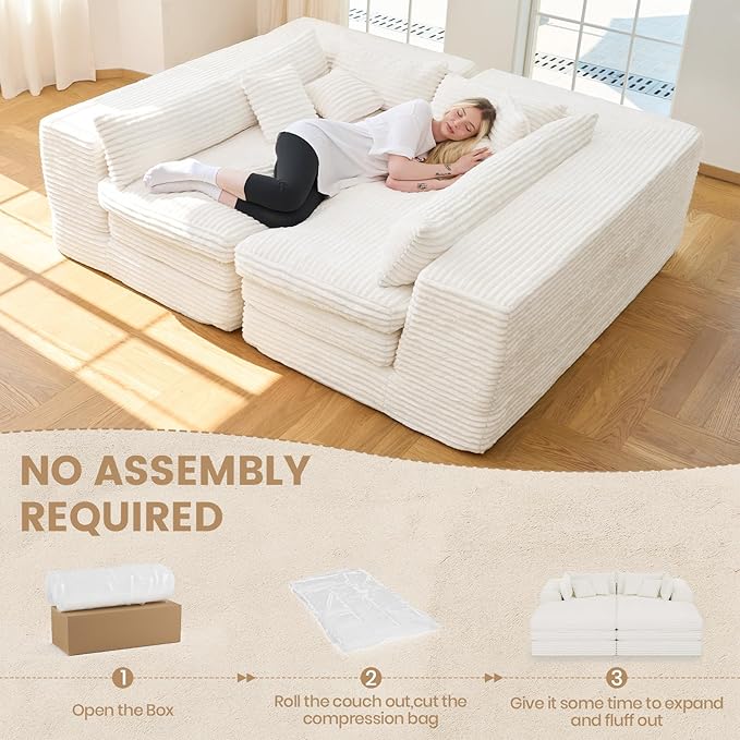 Belffin Double Chaise Lounge Sofa Bed Plush Corduroy Boneless Sectional Cloud Couches for Living Room Boneless Cloud Couch with Deep Seat No Assembly Required. Beige Sofa