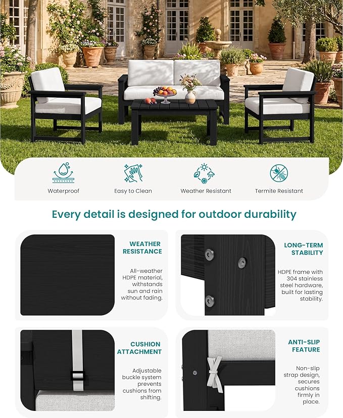 SERWALL 4-Piece Outdoor Patio Sofa Set, HDPE All-Weather Loveseat Sofa with Cushions & Coffee Table, Black Frame & Khaki Cushions