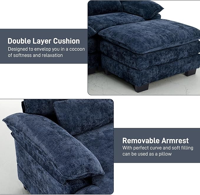 113" Cloud Couch Sectional Modular Sofa U Shaped Sectional Couches for Living Room Comfy 5-Seater Deep Seat Couch Chenille Cloud Sectional Sofa with Movable Ottoman & 4 Pillows, Blue