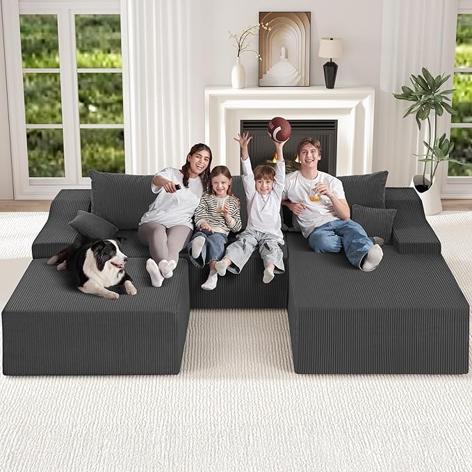 HABUTWAY U Shaped Modular Sectional Couch for Living Room, Modular Cloud Sofa with Ottoman, No Assembly Boneless Couches with Deep Seat, Corduroy Fabric (Grey, Right Facing)