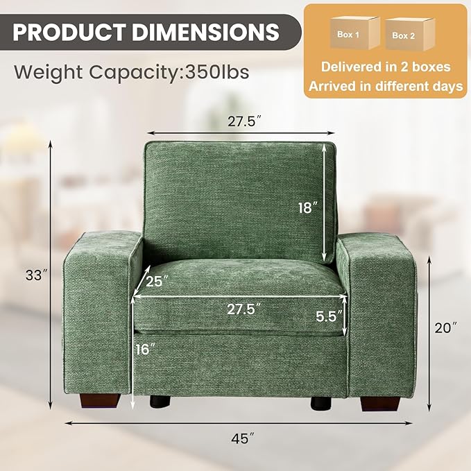 TEKAMON 45" Accent Chair with Seat Storage, Oversized Single Sofa Chair, Modern Chenille Fabric Armchair for Living Room/Office with Wide Armrests, Side Pockets, USB/Washable Covers(Green)