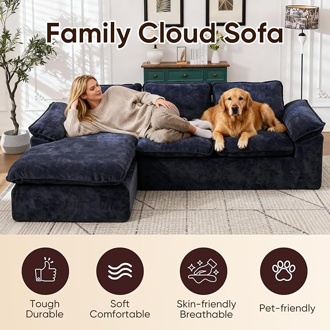 105.6”L Shape Modular Sectional Couch for Living Room, Modern Cloud Sectional 3 Seat Sofa with Oversized Chaise, Woven Texture Upholstery Boneless Couch (Blue, Left Facing Chaise)
