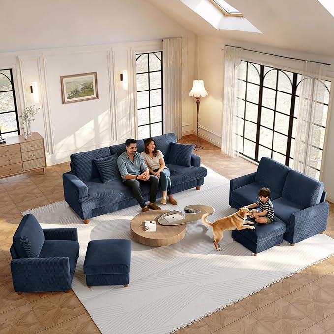 25.2" Couches for Living Room, Comfy Blue Ottoman with Storage, Foot Rest Tool-Free Setup, Small Ottoman Foot Rest for Couch, Corduroy Couch for Bedroom, Apartment, Office