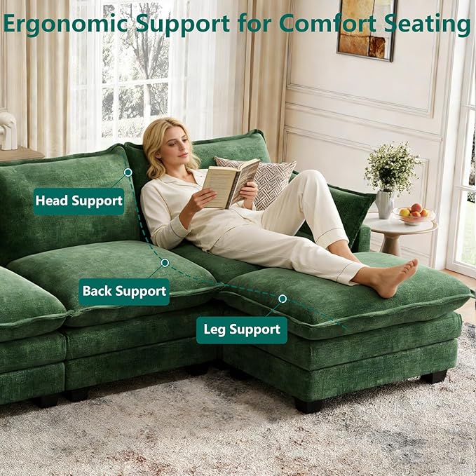 Modular Sectional U Shaped Sofa Couches for Living Room, Cloud Couch with Movable Ottoman, Comfy Chenille Sofa with Pillow for Bedroom and Apartment,Green