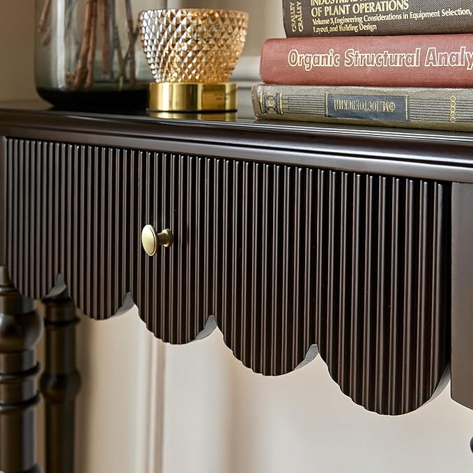 Solid Wood Console Table with Drawer – Black Entryway Table with Scalloped Edge and Straight Legs, Narrow Accent Sofa Table for Living Room or Hallway(Black)