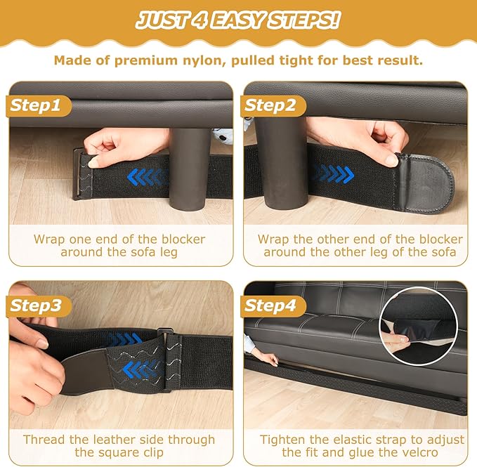 Under Couch Blocker 3 in x 13 ft, Adjustable Elastic Sofa Blocker to Prevent Kids and Pets Toys, Strap Barrier Gap Bumper Couch Guards for Bottom Standard Sofa, Bed, Furniture with Straight Legs