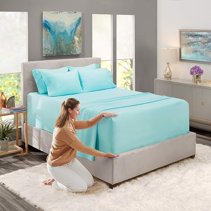 Hearth & Harbor Extra Deep Pocket Sheets - Fits Mattress 18-24 Inches Deep - Extra Deep Pocket California King Size - 6 Piece Cal King Sheets - Cal King, Aqua Blue