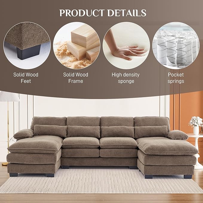 113" Cloud Couch Sectional Modular Sofa U Shaped Sectional Couches for Living Room Comfy 5-Seater Deep Seat Couch Chenille Cloud Sectional Sofa with Movable Ottoman & 4 Pillows, Brown