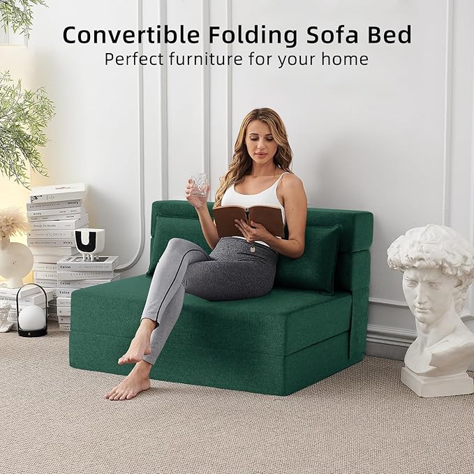 FILUXE Folding Sofa Bed | Convertible Sleeper Chair Bed for Adults, Fold Out Chair to Bed Linen Futon Chair with Pillow, for Home Dorm Apartment RV Living Room, Standard Size,Dark Green