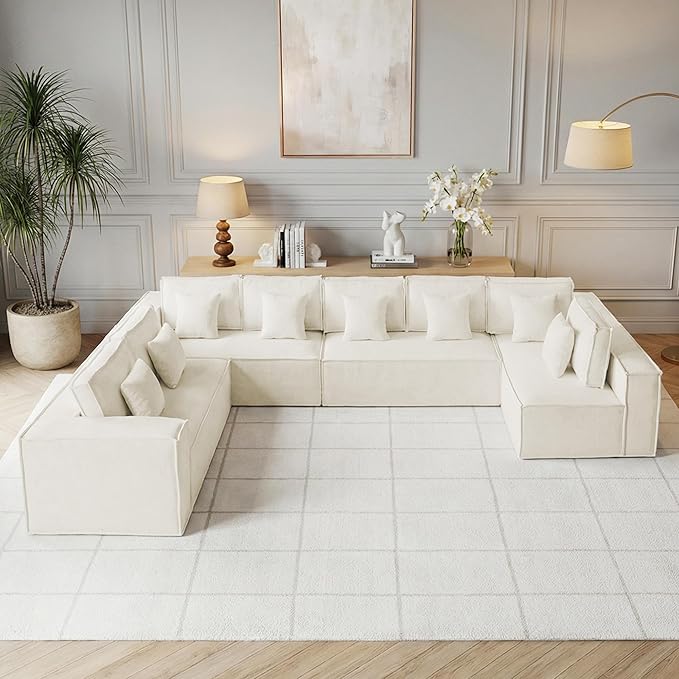 167'' Boneless Chenille U Shaped Couch, Oversized Modular Sectional 8 Seater Sofa, Modern Deep Seat Corner Cloud Compressed Couch, No Assembly Sleeper Sofa with Chaise for Living Room, Beige