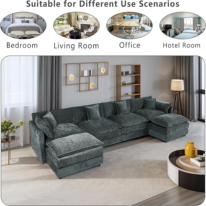 Setawix Deep 4 Seater Couch with Ottomans,147.22" U-Shaped Cloud Couches for Living Room,Chenille Cloud Sofa Couch with Foorest,Modular Sectional U Shape 4 Seat Sofa for Bedroom (Grey, 4+2)