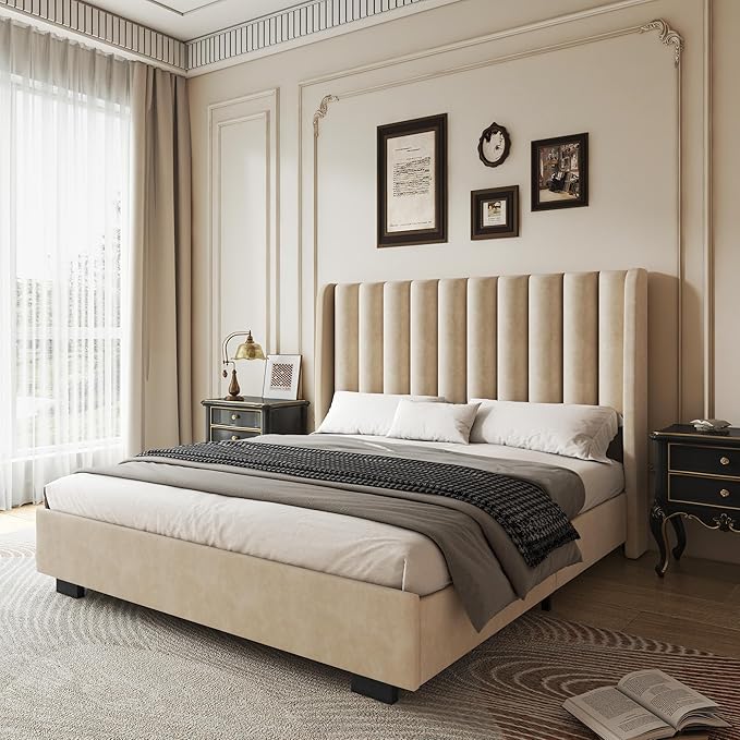 King Size Upholstered Lift Up Storage Bed Frame with 51.2" Tall Headboard, Velvet Wingback Tufted Design, Wood Slats Support, No Box Spring Required, Noise-Free Double Low Bed Frame (King,Beige)