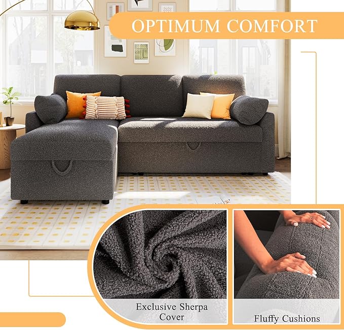 VanAcc Sofa Bed, Sleeper Sofa with Storage Chaise- 2 in 1 Pull Out Couch Living Room, Comfy Sleeper Couch, Grey Boucle