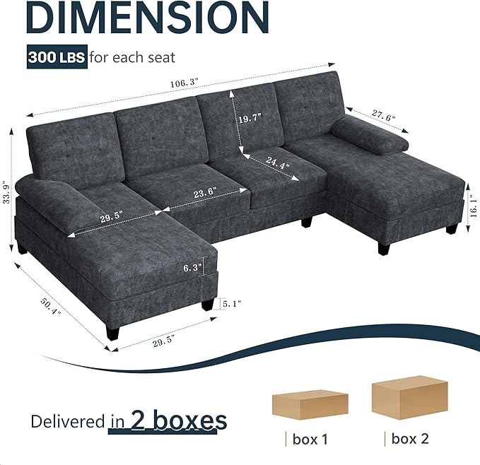 Meilocar Sectional Couches for Living Room, U Shaped Couch 4 Seat Sectional Sofa with Chaise and Armrests, Comfortable Fabric Large Sofa for Apartment (Grey)