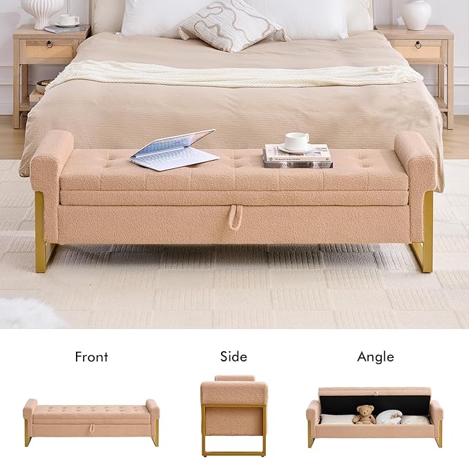 67" End of Bed Storage Bench King Size, Bench for Bedroom Foot of Bed, Upholstered Storage Ottoman with Gold Legs for Window Living Room, Teddy Camel