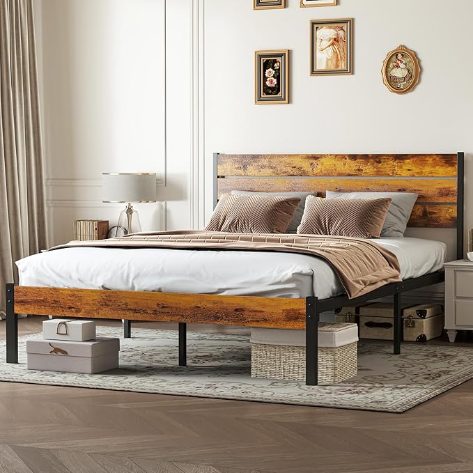 Sweetcrispy Queen Size Bed Frame with Headboard, 800LBS Mattress Foundation with All Sturdy Metal Support, Under Bed Storage, No Box Spring Needed, Easy Assembly, Rust Brown