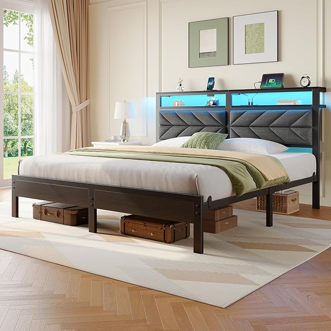 Seventable King Size Bed Frame with Charging Station & LED Lights, Upholstered Headboard with Storage Shelves, Metal Platform with Under Bed Storage, No Box Spring Needed, Easy Assembly, Dark Grey