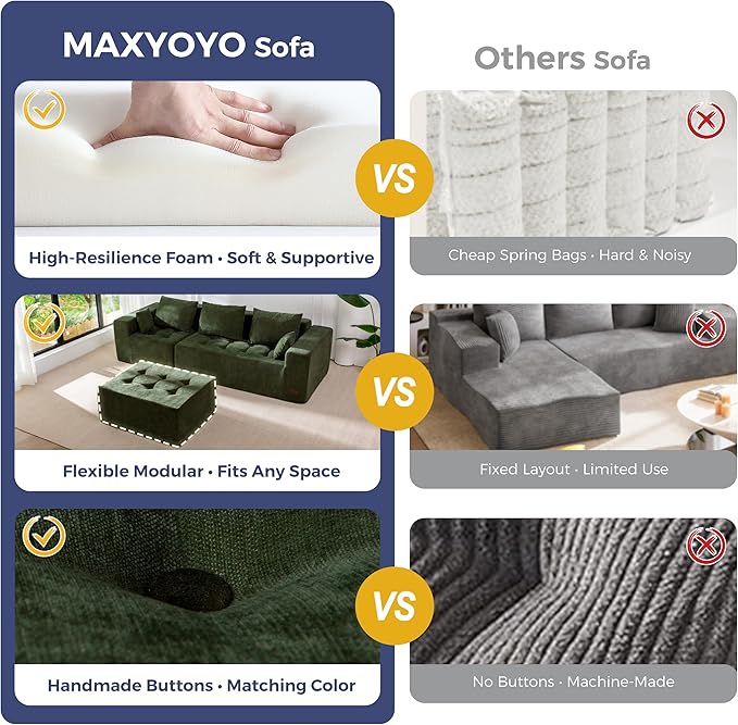 MAXYOYO Modular Sectional Sofa Couch, L Shaped Boneless Cloud Couch with Flexible Ottoman, Chenille Upholstered Living Room Sleeper Sofa Chair for Living Room, No Assembly Required, Dark Green