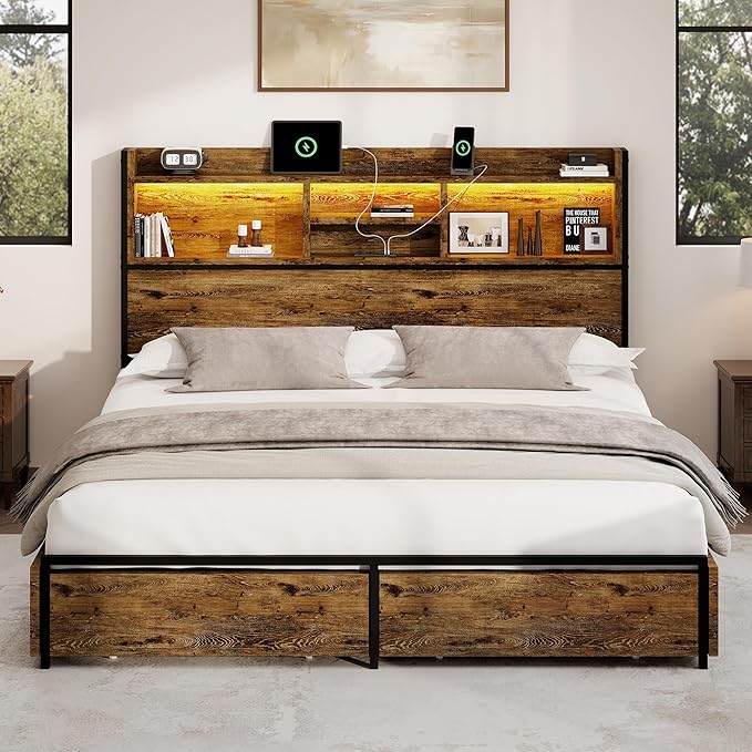 BRELTAM Queen Storage Bed Frame with 6 Drawers, USB Charging Station, No Noise, No Box Spring Required, Vintage Brown Headboard Platform Bed