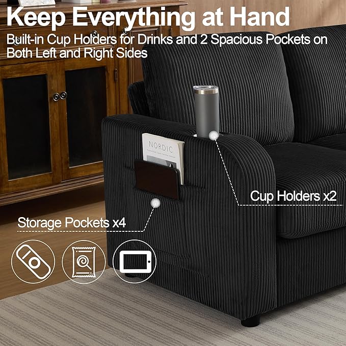 87.4" Oversized 3 Seater Couch,Upholstered Sofa for Living Room,Modern Deep Seat Comfy Loveseat Couches with Cup Holders,Corduroy Love Seat Sofa (Black)