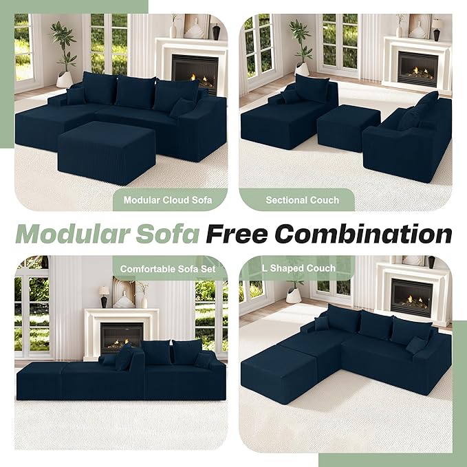 HABUTWAY 94“ U Shaped Modular Sectional Couch for Living Room, Modular Cloud Sofa with Ottoman, No Assembly Boneless Couches with Deep Seat, Corduroy Fabric (Blue, Left Facing)