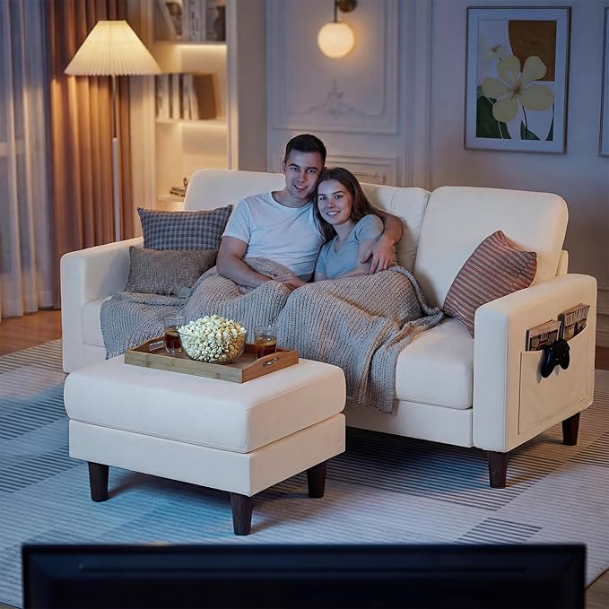 YESHOMY L-Shaped Sofa Couch, Small Couch with Reversible Chaise and Ottoman, Convertible Sectional Comfy 3 Seat Sofas with Side Pockets for Apartment and Living Room (Beige)